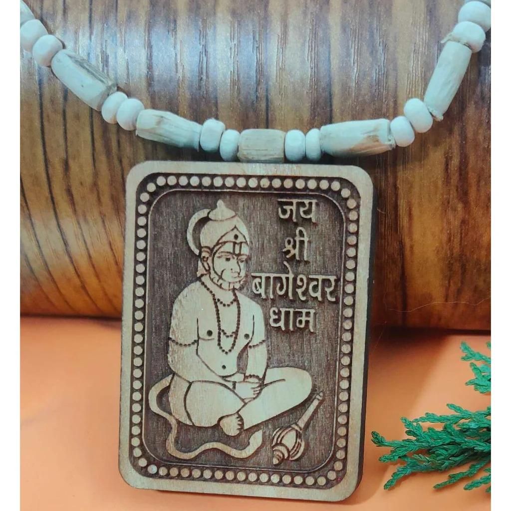 Jollity Life™ Bageshwar Dham Tulsi Mala With Wooden Hanumanji Locket