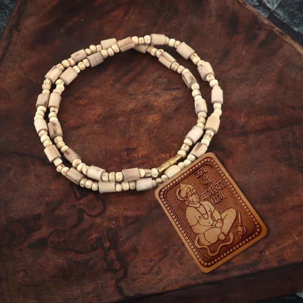 Jollity Life™ Bageshwar Dham Tulsi Mala With Wooden Hanumanji Locket